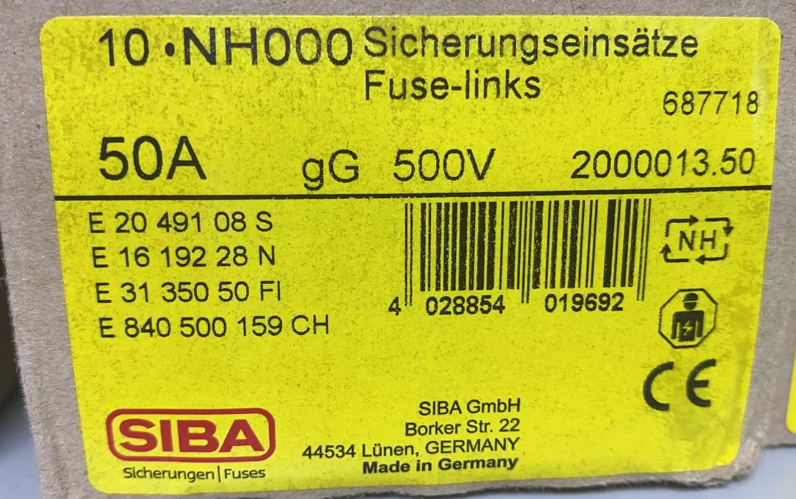 德国进口SIBA高压熔断器2000013.50